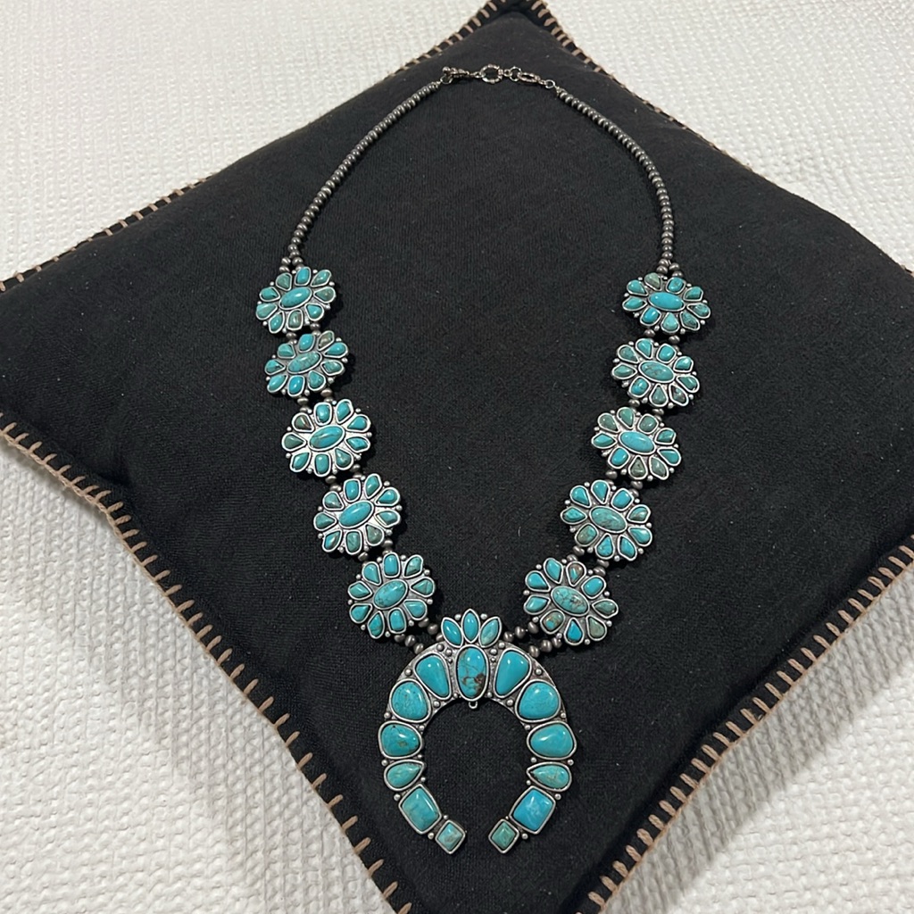 Squash Blossom Faux Turquoise Navajo Pearl Large Necklace Boho Statement